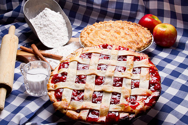 istock Homemade Cherry and Apple Pie on Blue Gingham Checked Tablecloth 156325249