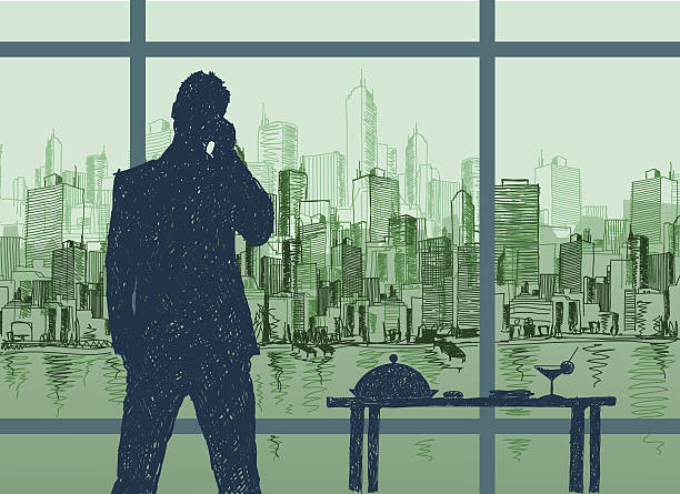 Business Trip A man in front of a window in a hotel room. (includes jpg) cityscape drawings stock illustrations