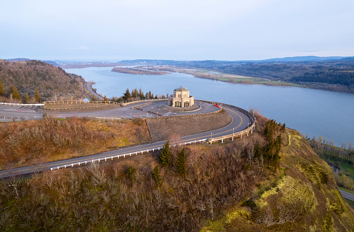 An aerial view, looking west towards Portland, of the Vista House in the Columbia River Gorge, Oregon.