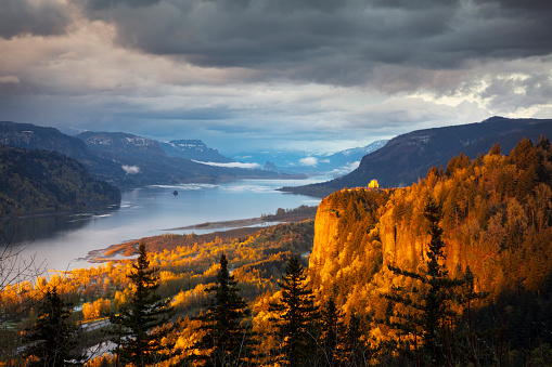 Dramatic light from a setting sun on Crown Point in the Columbia River Gorge, Oregon.