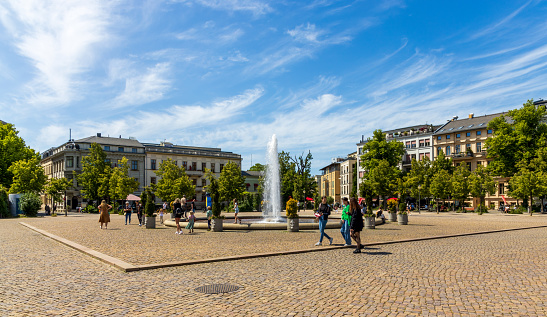 Potsdam, Germany - June 3, 2023: Fountain on Louisenplatz in Potsdam, Brandenburg, Germany