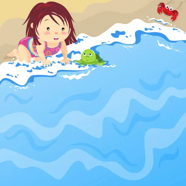 Vector illustration of Baby Girl on the Beach with Baby Tortoise