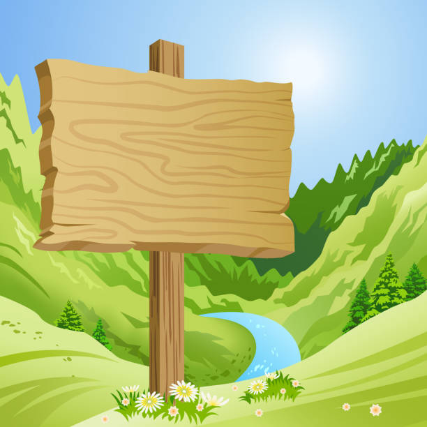 illustrazioni stock, clip art, cartoni animati e icone di tendenza di cartello di montagna in primavera - sign wood road sign directional sign