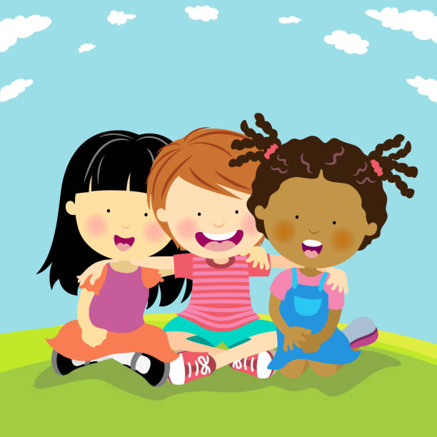 Cartoon image of happy friends Happy friends sitting together with arm around friends laughing stock illustrations