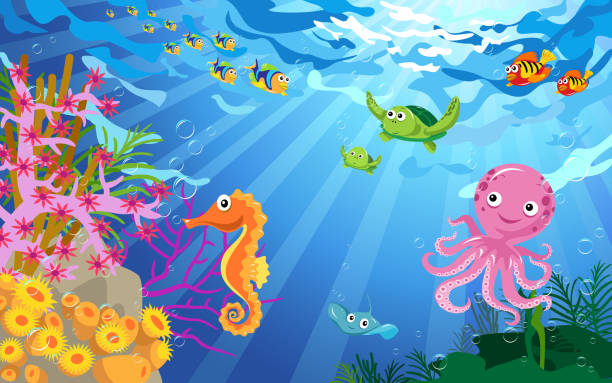 ilustraciones, imágenes clip art, dibujos animados e iconos de stock de escena debajo del agua con vida marina - underwater animal sea horse fish