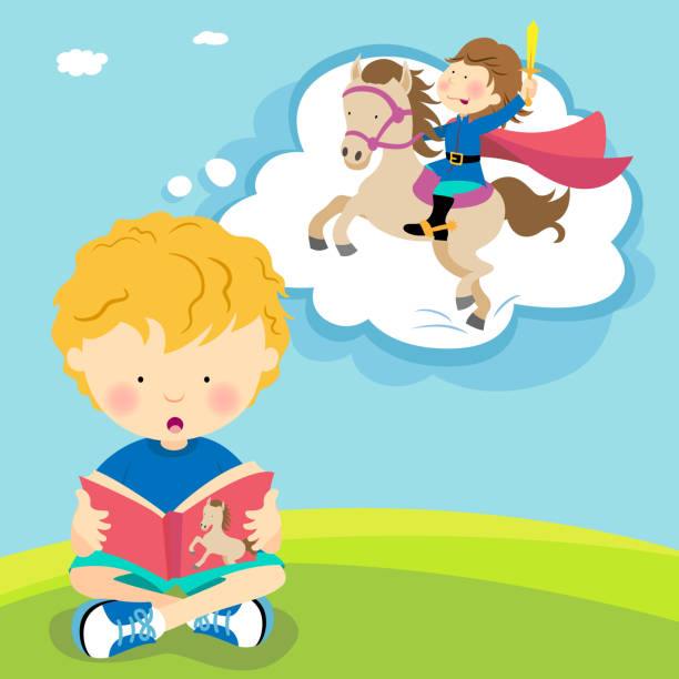 мальчик чтение с воображением - outdoor reared stock illustrations