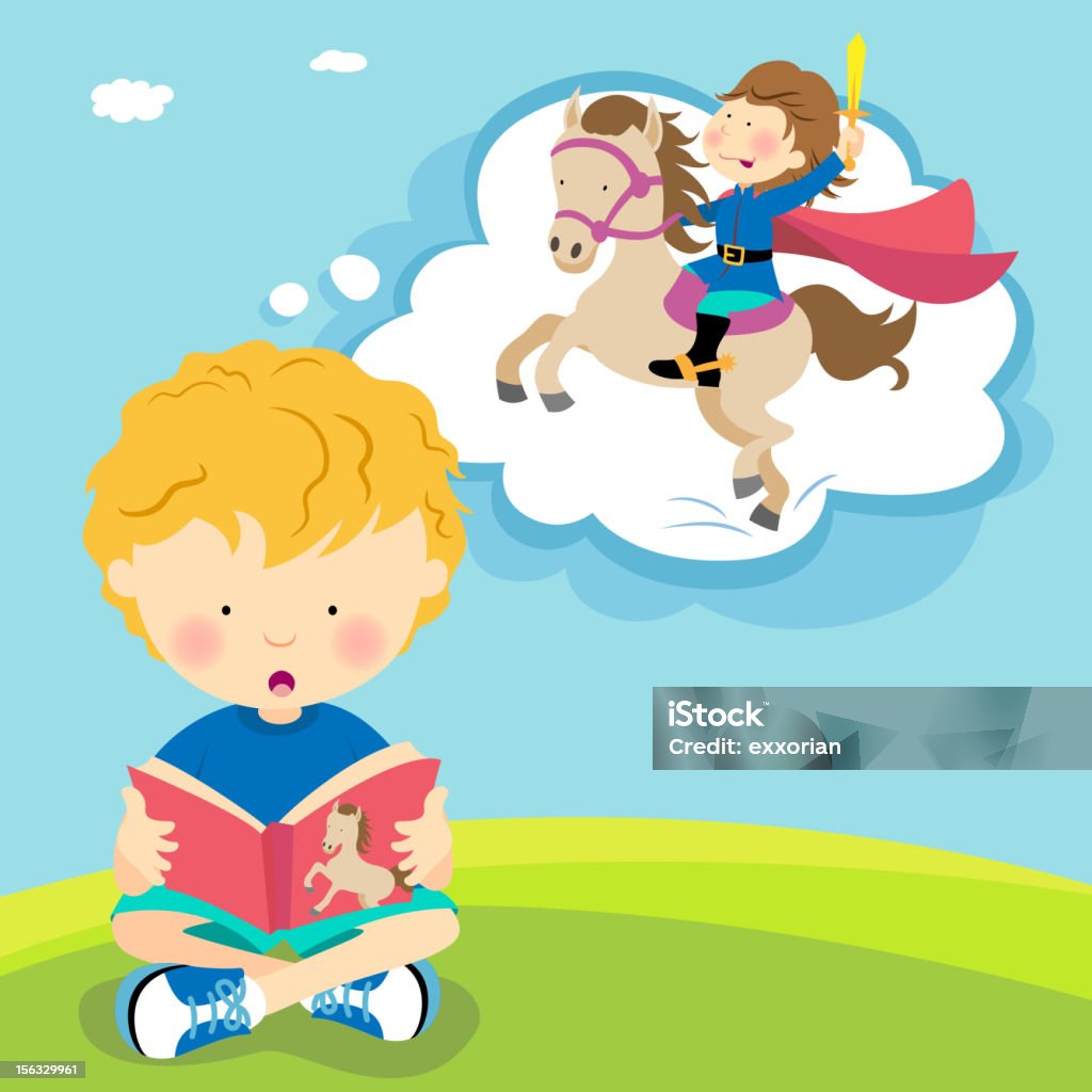 Boy Reading with Imagination A boy imagines a prince on horse inspired from a book of nature Reading stock vector