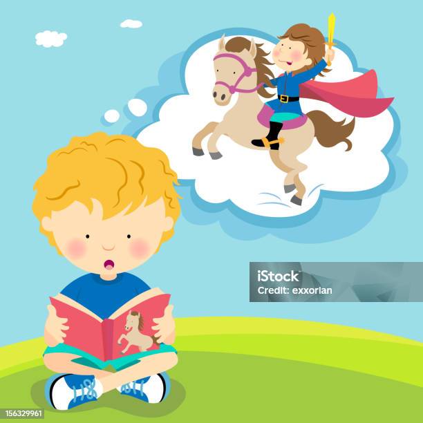 Boy Reading With Imagination Stock Illustration - Download Image Now - Reading, Child, Fairy Tale