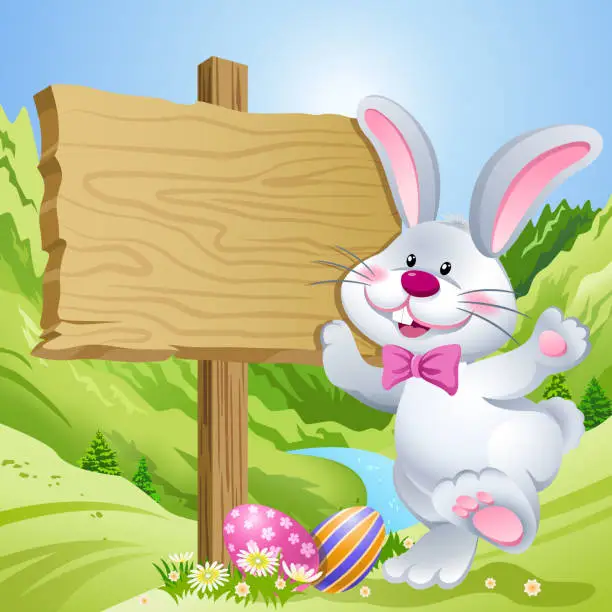 Vector illustration of Easter Bunny in Front of Signpost