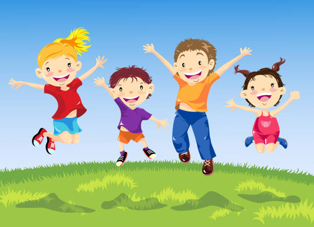 Group of Children Jumping in Spring Group of happy child jumping on meadow friends laughing stock illustrations