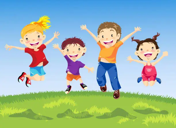 Vector illustration of Group of Children Jumping in Spring