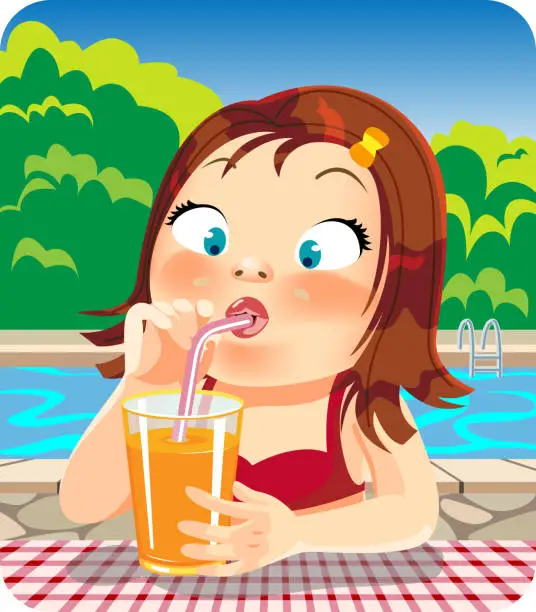 Vector illustration of Little Girl Drinking Orange Juice Beside the Swimming Pool