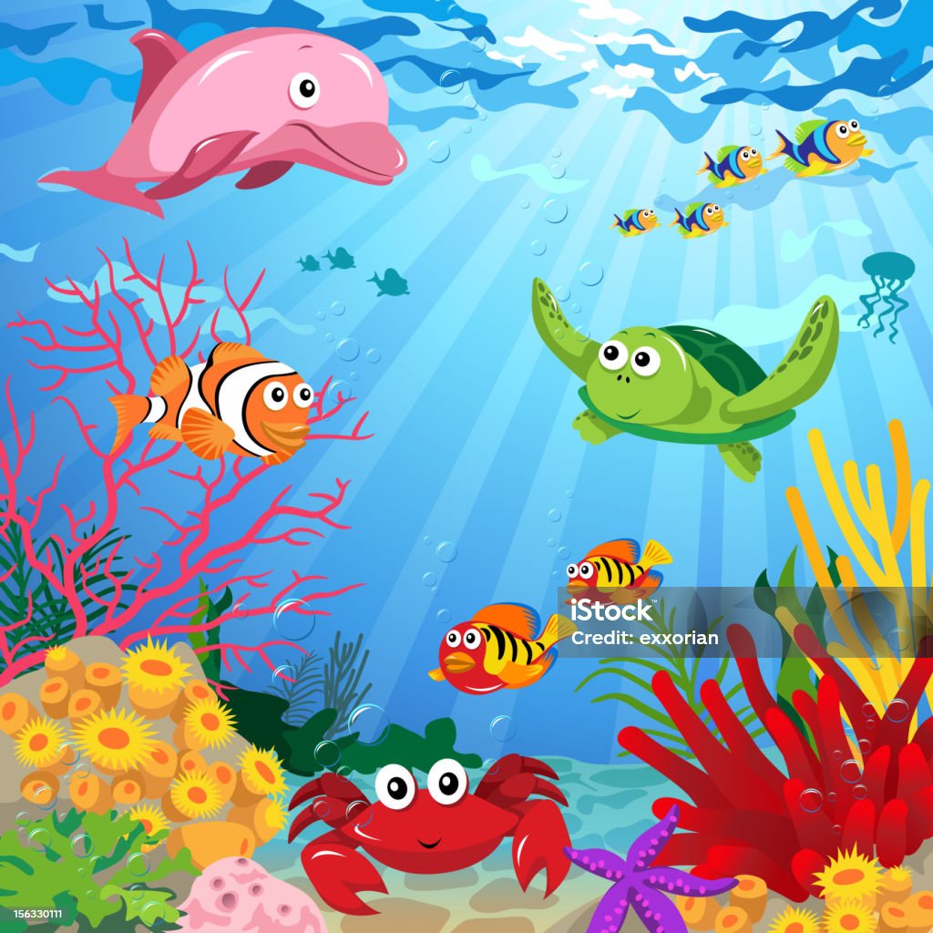 Underwater Scene with Sea Life Underwater scene with sea life Cartoon stock vector