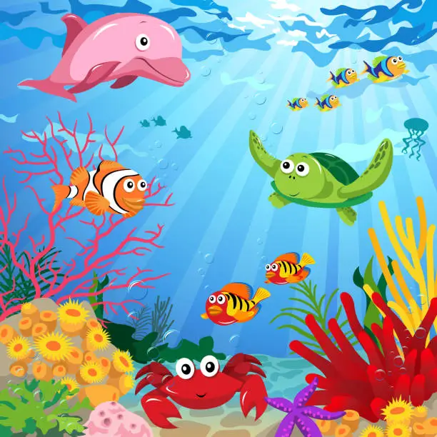 Vector illustration of Underwater Scene with Sea Life