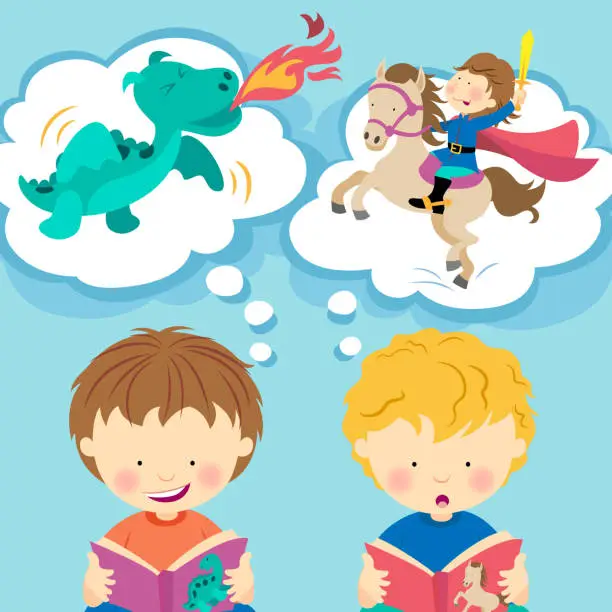 Vector illustration of Little Boys Imagining a Fairy Tale from Books