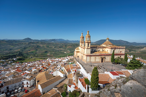 Aerial view of Olvera with Church of Nuestra Senora de la Encarnacion - Olvera, Andalusia, Spain
