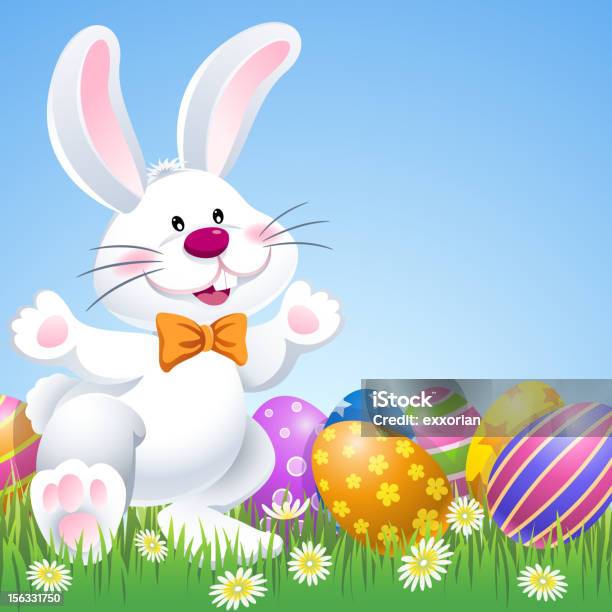 Ilustración de Conejito De Pascua Con Huevos Feliz En La Naturaleza y más Vectores Libres de Derechos de Conejo de pascua