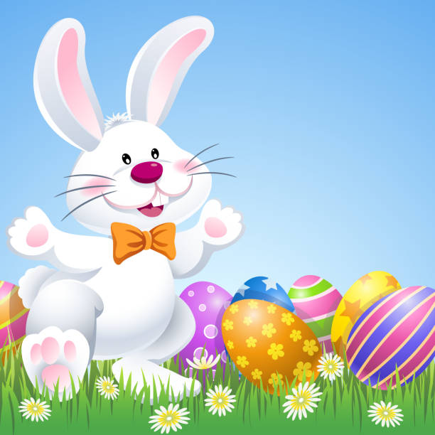 ilustrações, clipart, desenhos animados e ícones de coelhinho da páscoa feliz com ovos na natureza - easter rabbit easter bunny cartoon