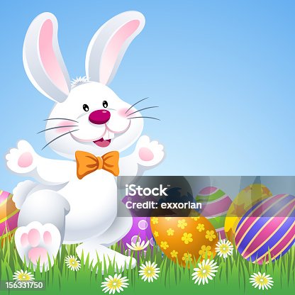 istock Happy Easter Bunny with Eggs in Nature 156331750