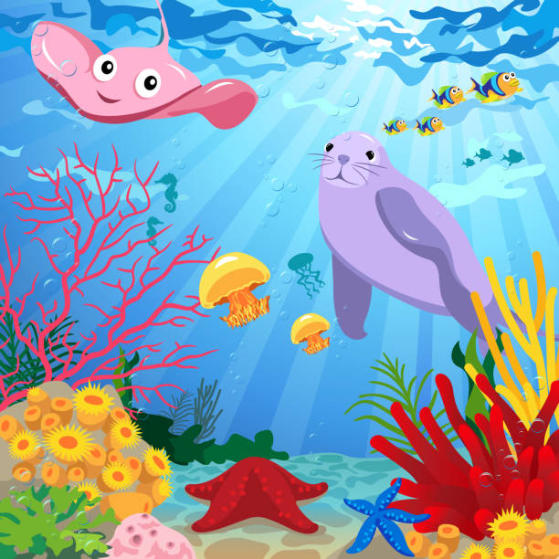 ilustraciones, imágenes clip art, dibujos animados e iconos de stock de escena debajo del agua con vida marina - characters coral sea horse fish