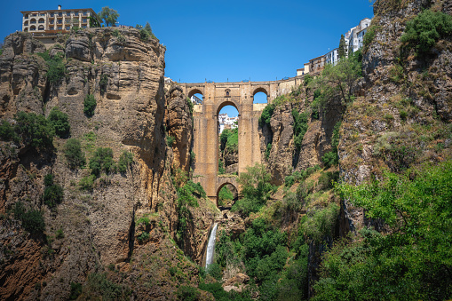 Puente Nuevo Bridge with El Tajo Gorge and Waterfall - Ronda, Andalusia, Spain