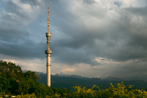 Almaty, Kazakhstan. The Almaty Television Tower located on high slopes of Kok Tobe mountain south-east of downtown Almaty