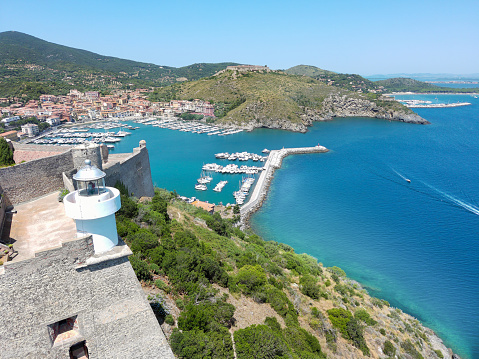 aerial view of porto ercole from the lighthouse of the tuscan spanish fortress