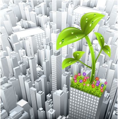 Abstract city concept with plants on top of building. Plants symbolize freshness required city.