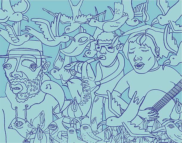 Close Your Eyes and Imagine A whole load of eccentric doodles! Makes for an awesome background because the file can be cropped and scaled to any size. Additionally, with a simple unmasking the characters are grouped individually and can be used all on their own. Please visit my portfolio for related images. teenager doodle stock illustrations