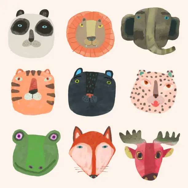 Vector illustration of Animal face set. watercolor vector illustration. chidren art.