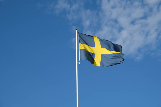шведский флаг развевается - day sky swedish flag banner стоковые фото и изображения