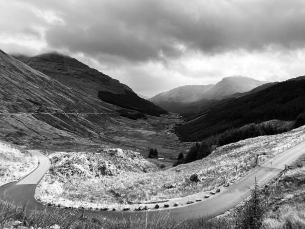 An empty winding road in the Scottish Highlands