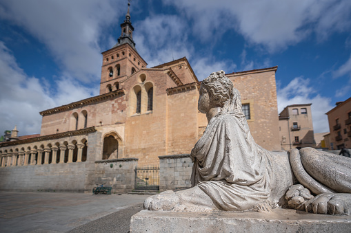 Sirenas de Segovia Sculpture (Segovia Mermaid) and Church of San Martin - Segovia, Spain