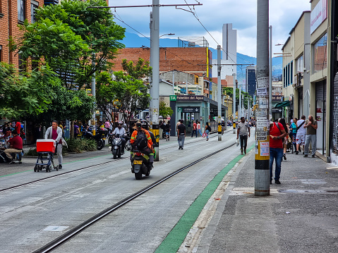 Colombia, Medellin, May 13, 2023, tramway in Carabobo district in downtown