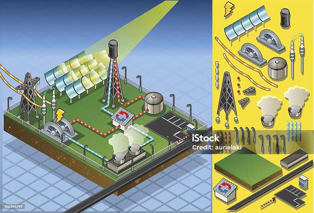 Isométrique termo centrale solaire dans la production d'énergie - clipart vectoriel de Perspective isométrique libre de droits