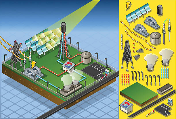 isometric termo solar roślina w produkcji energii - heat exchanger stock illustrations