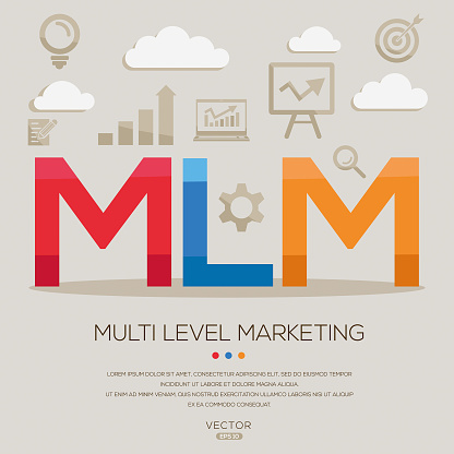 MLM _ Multi level marketing, letters and icons, and vector illustration.