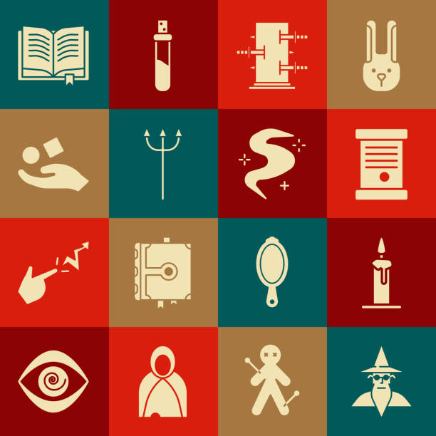 Set Wizard warlock, Burning candle in candlestick, Decree, paper, parchment, scroll, Trunk for magic tricks, Neptune Trident, Cube levitating above hand, Ancient book and Magic fog smoke icon. Vector Set Wizard warlock Burning candle in candlestick Decree paper parchment scroll Trunk for magic tricks Neptune Trident Cube levitating above hand Ancient book and Magic fog smoke icon. Vector. greek god poseidon backgrounds stock illustrations