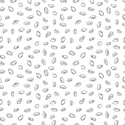 Sesame seeds seamless pattern, monochrome sketch vector illustration on white background. Hand drawn sesame seeds. Concept of food, cooking and agriculture.