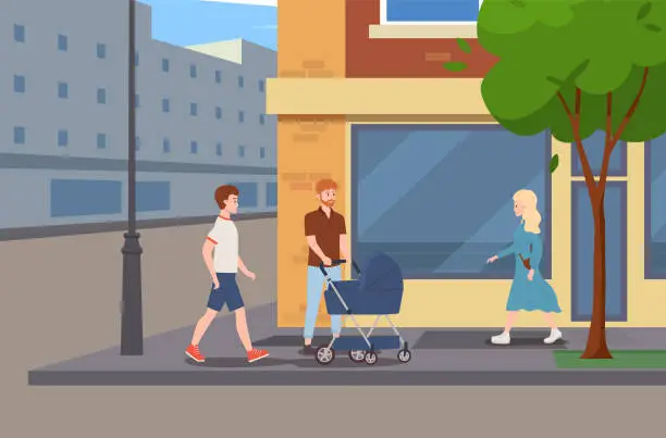 Vector illustration of Smiling man walking with baby carriage at city scene flat style