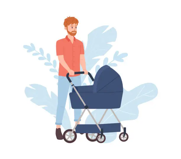 Vector illustration of Man pushing baby stroller, flat vector illustration isolated on white background. Father walking with newborn. Modern baby carriage. Concepts of parenthood and maternity accessory.