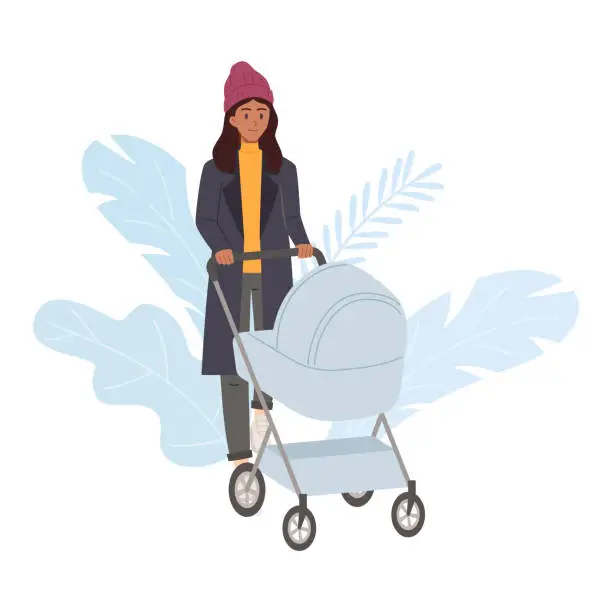Vector illustration of Happy young woman in hat and coat walking with baby carriage flat style
