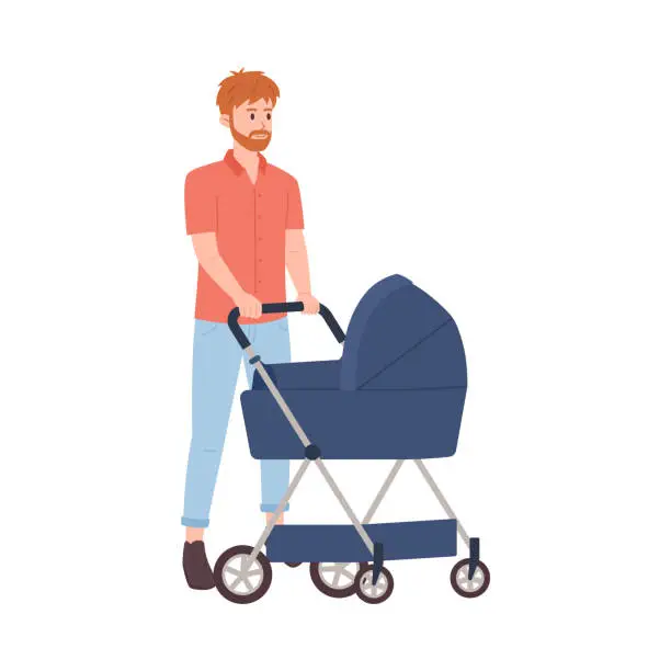 Vector illustration of Smiling bearded man walking with baby carriage flat style, vector illustration