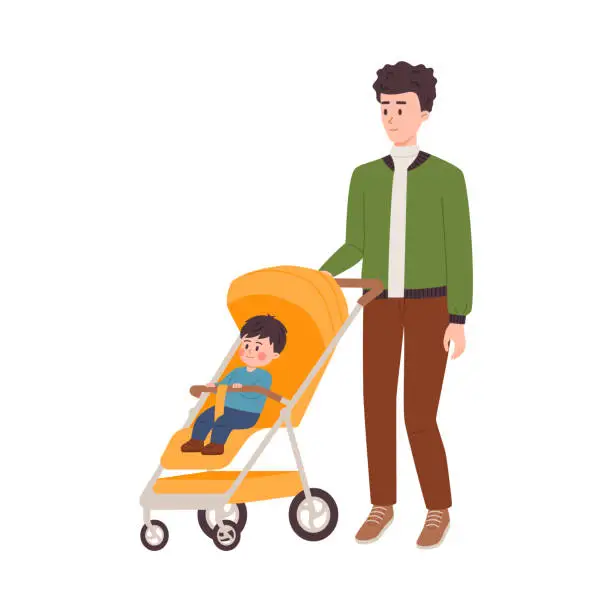 Vector illustration of Father walking with his son in baby stroller, flat vector illustration isolated on white background. Parenthood concept. Happy dad pushing baby carriage.