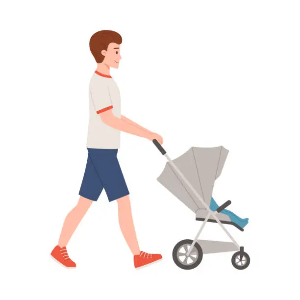 Vector illustration of Smiling young man walking with baby carriage side view flat style