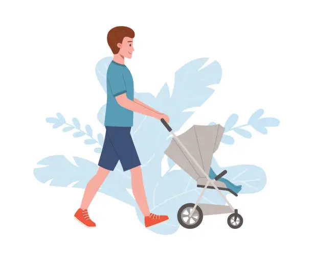 Vector illustration of Father pushing walking stroller with a newborn baby, flat vector isolated.