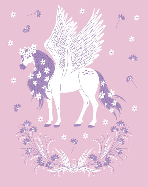 Poster or vertical banner with beautiful winged fantastic horse flat style Poster or vertical banner with beautiful winged fantastic horse flat style, vector illustration isolated on pink background. Decorative floral design, horse with purple mane, tail and hooves disney character free background stock illustrations