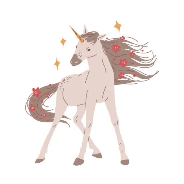 Vector illustration of Fairy tale unicorn with red flowers on tail and mane flat style, vector illustration