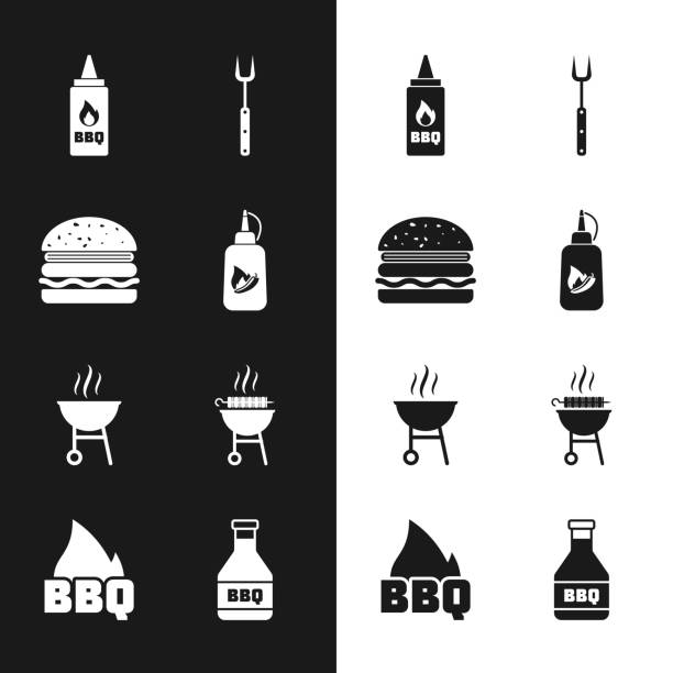 illustrations, cliparts, dessins animés et icônes de mettez la bouteille de ketchup, le hamburger, la fourchette de barbecue, le gril, le shish kebab grillé et l’icône de la flamme de feu. vecteur - party barbecue grill burning healthcare and medicine