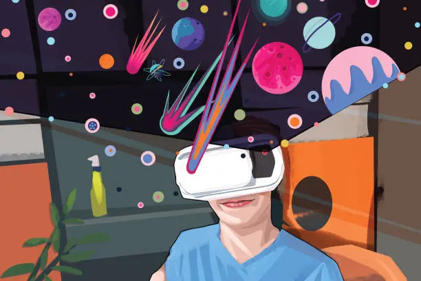 Vector illustration of Boy playing virtual reality games in cosmos